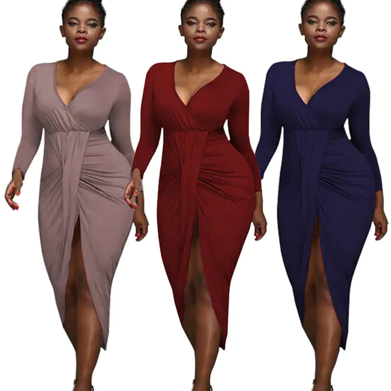 Irregular Long-Sleeved V-Neck Dress