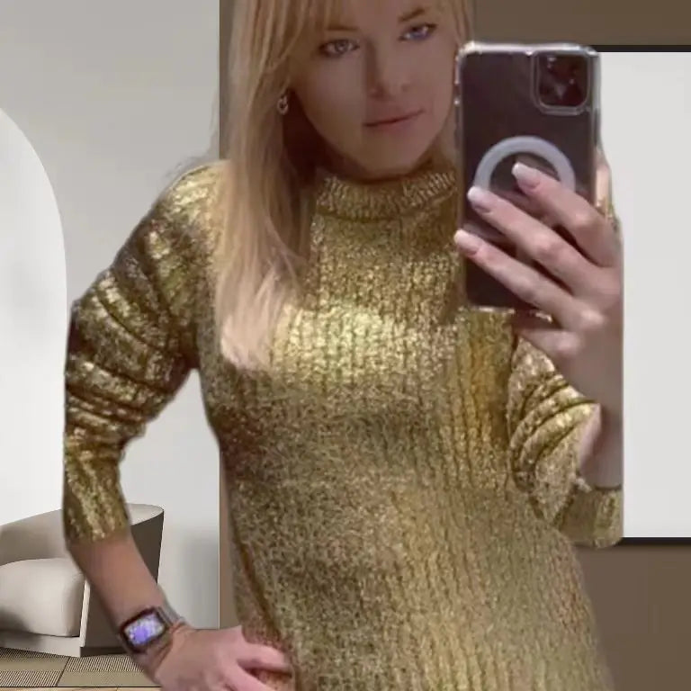 Fashionable Long Sleeve Knit Sweater with Gold Print