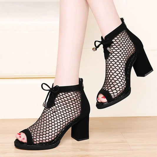Mesh High Heels Women's Sandals with Back Zipper