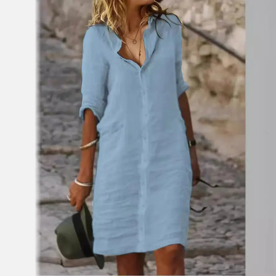 Loose Buttoned Cotton-Linen Shirt Dress
