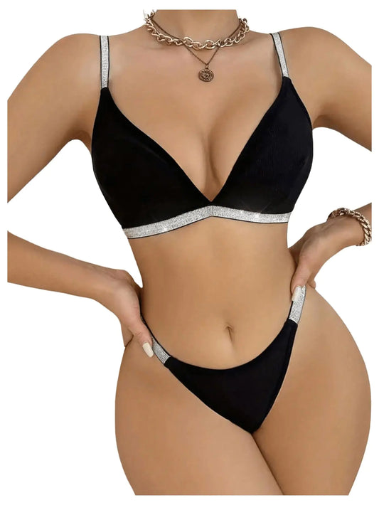 Lingerie for Women Glitter Bra and Thong Panty Underwear Sets Plain Black X-Large