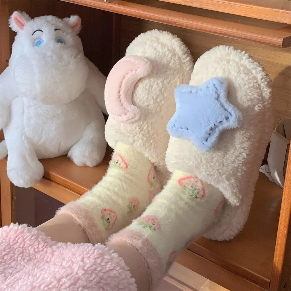 Heart Shaped Star Moon Plush Slippers for Women