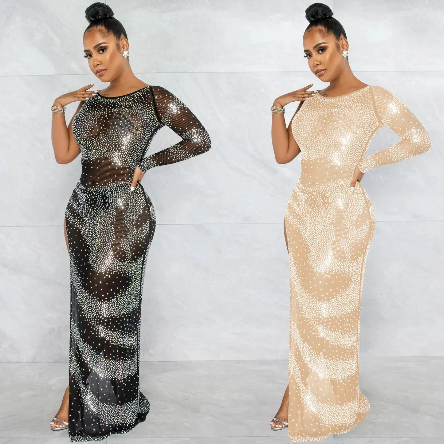 Fashion Nightclub Irregular Slit Maxi Dress with Sleeves