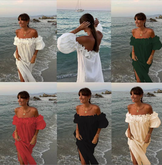 Off-Shoulder Midi Dress with Ruffles and Pockets
