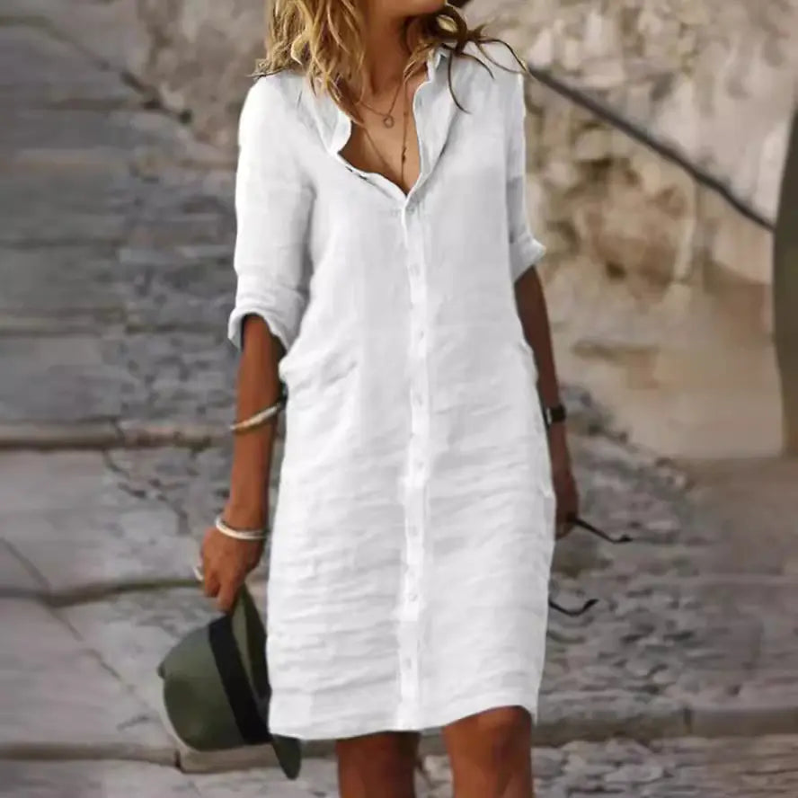 Loose Buttoned Cotton-Linen Shirt Dress