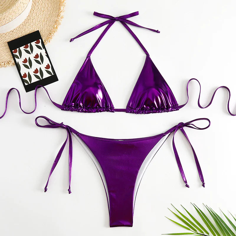 Metallic Lace-Up Bikini Set