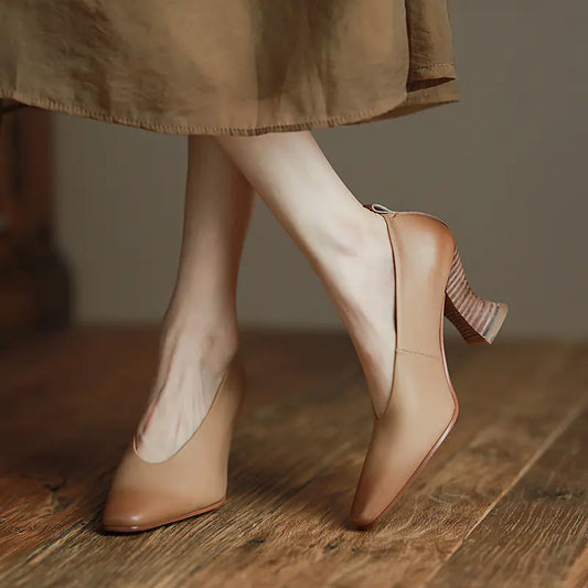 Leather Wood Grain Chunky Heel Retro Shoes for All Seasons
