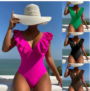 Ruffled V-Neck One-Piece Swimsuit (Single Piece)
