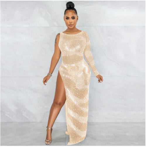 Fashion Nightclub Irregular Slit Maxi Dress with Sleeves