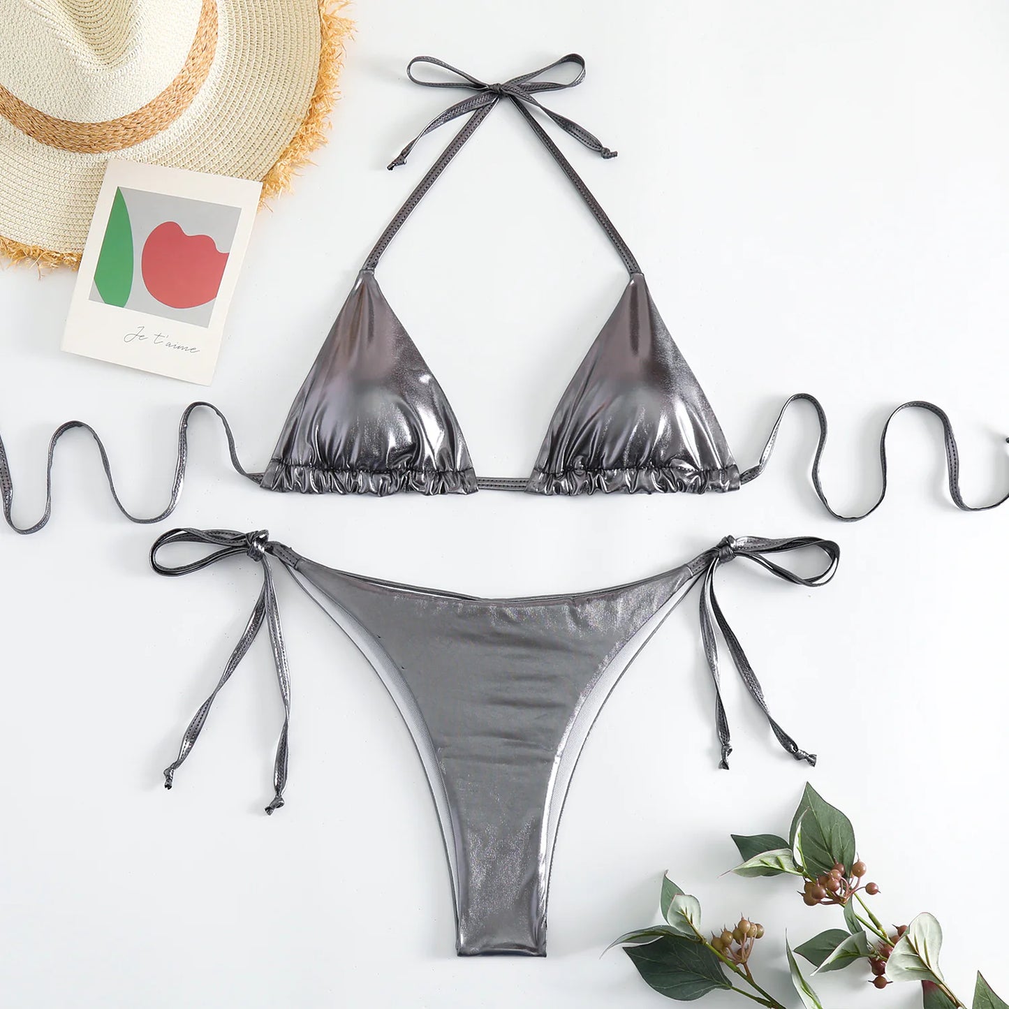 Metallic Lace-Up Bikini Set