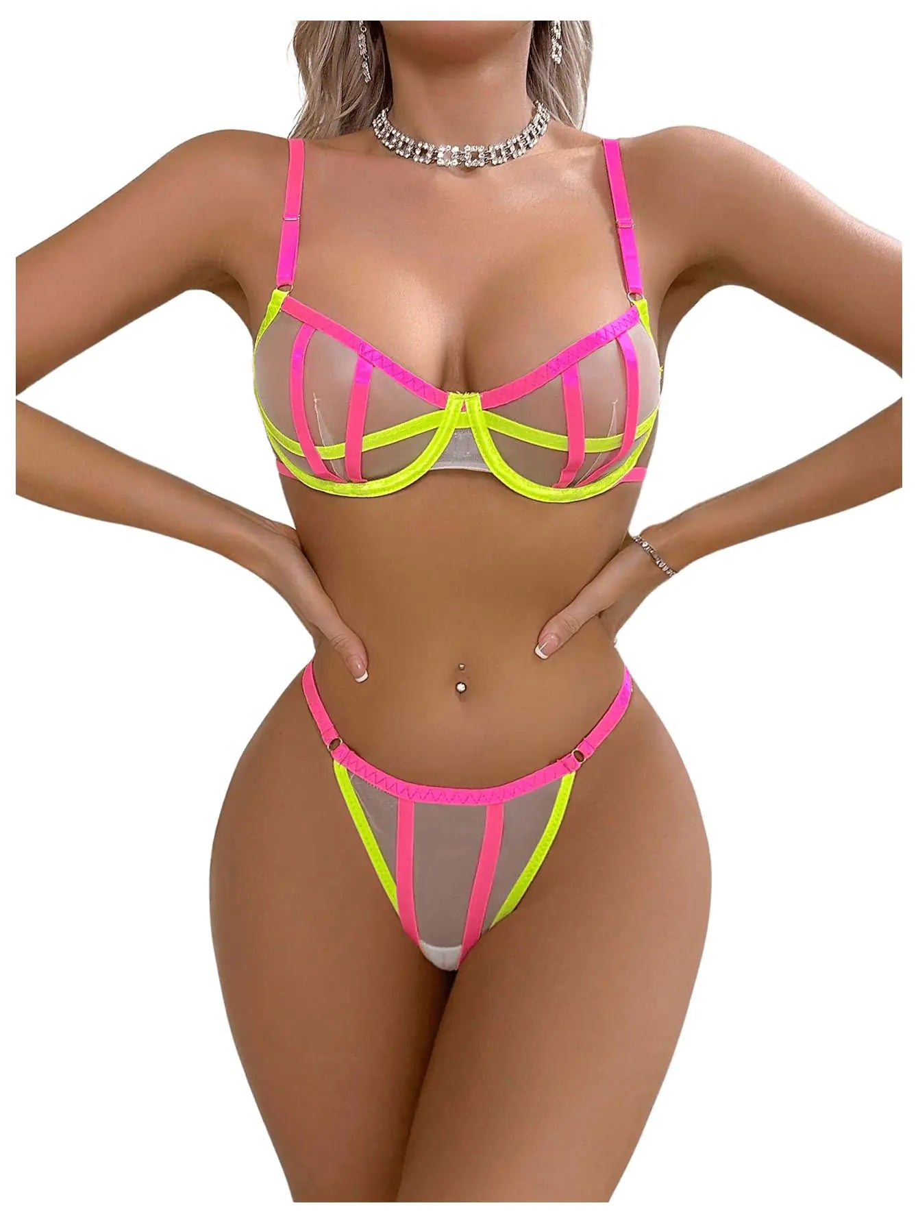 Womens Sexy Lingerie Set Sheer Mesh Cutout Bra and Panty Underwear Sets Neon Yellow Pink X-Large