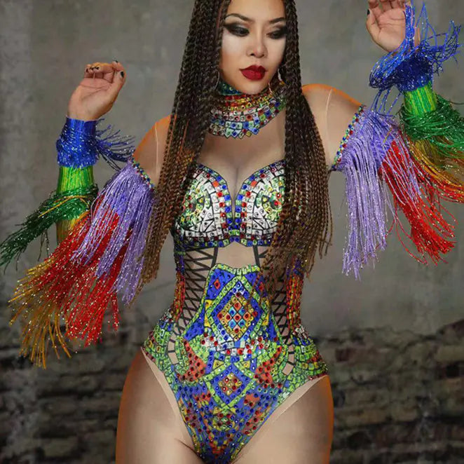 Rhinestone Tassel Jumpsuit for Nightclub Performance
