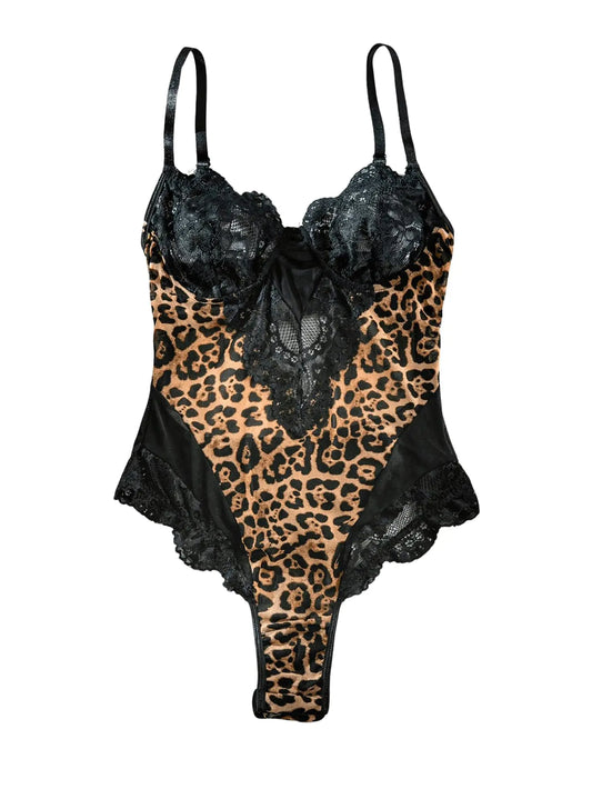 Womens Leopard Print Bodysuit Cut Out Lace Teddy Lingerie with Snap Crotch Multicolor Large