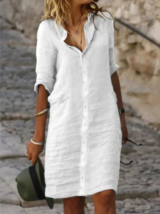 Loose Buttoned Cotton-Linen Shirt Dress