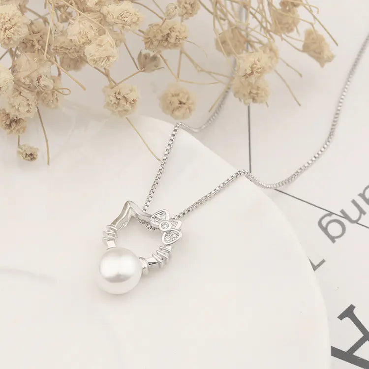 Silver-Plated Cat Necklace with Pearl and Rhinestones