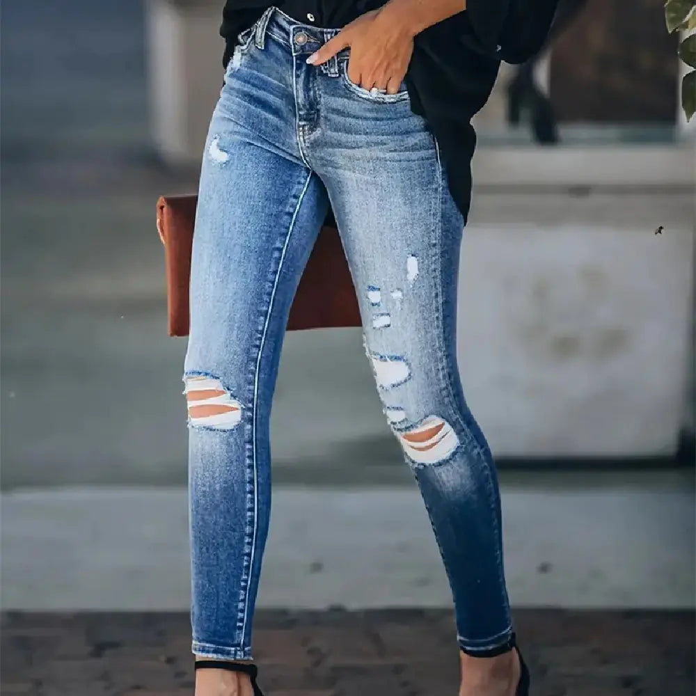 Retro Washed Ripped Skinny Jeans for Women
