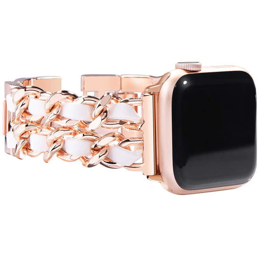 NewWays Compatible for Apple Watch Band Series 8 Series 7 45mm 44mm SE Series 6 5 4 3 42mm Jewelry Bracelet for iWatch Band Womens Rose Gold Link with White Leather