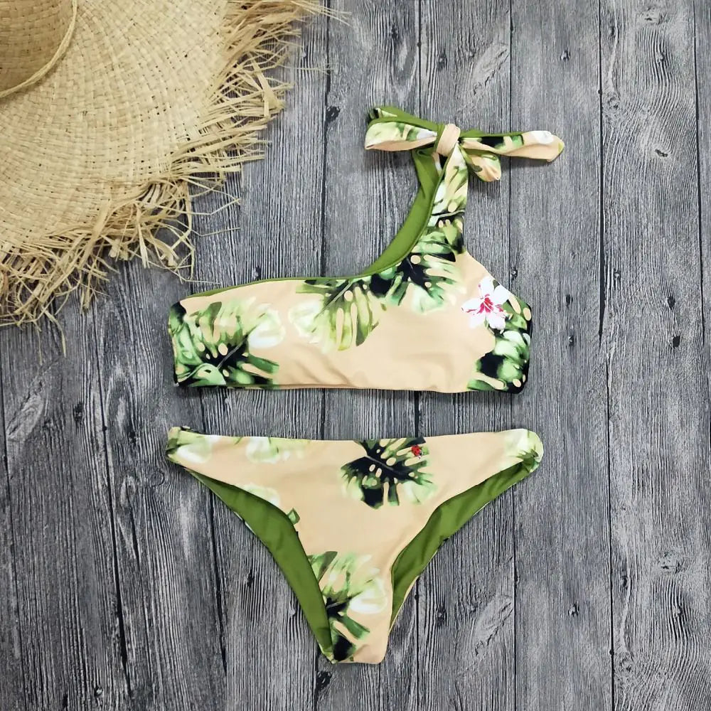 One-Shoulder Brazilian Print Bikini Set
