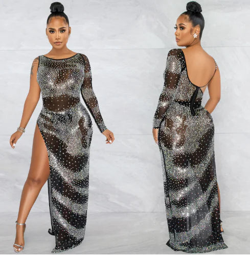 Fashion Nightclub Irregular Slit Maxi Dress with Sleeves