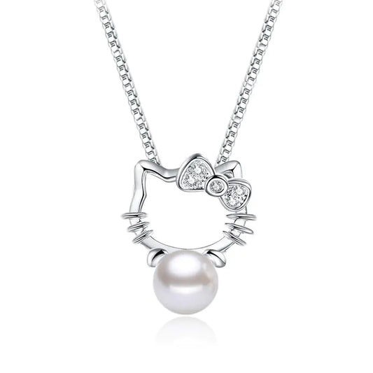 Silver-Plated Cat Necklace with Pearl and Rhinestones