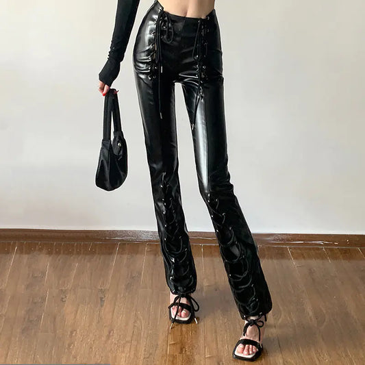 High-Waisted Hollow Tie Slim PU Leather Pants