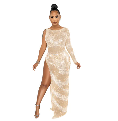 Fashion Nightclub Irregular Slit Maxi Dress with Sleeves