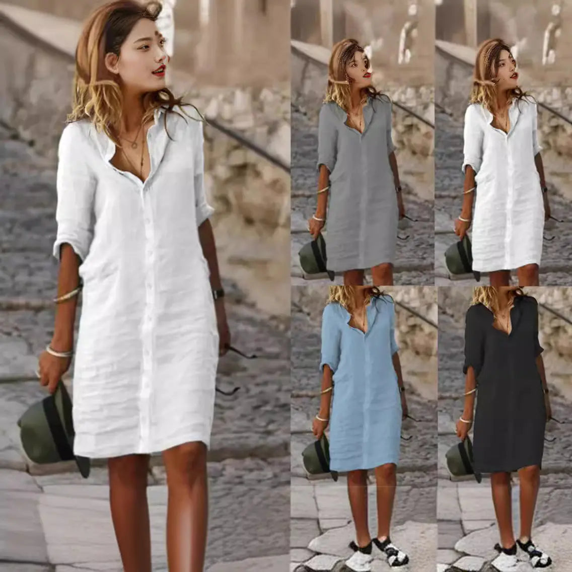 Loose Buttoned Cotton-Linen Shirt Dress