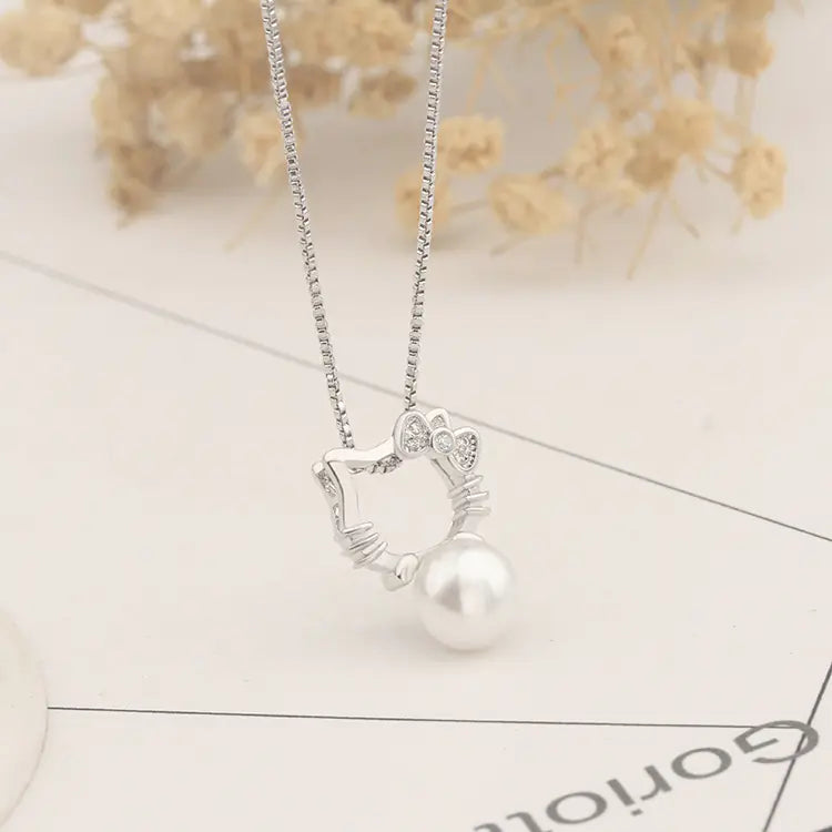 Silver-Plated Cat Necklace with Pearl and Rhinestones