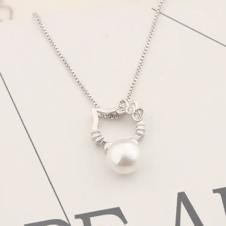 Silver-Plated Cat Necklace with Pearl and Rhinestones