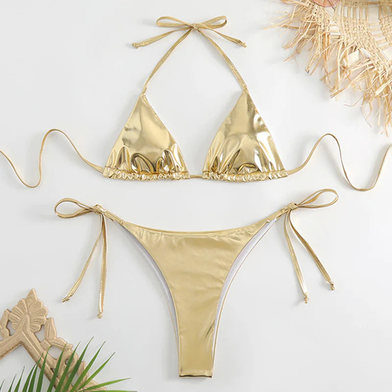 Metallic Lace-Up Bikini Set