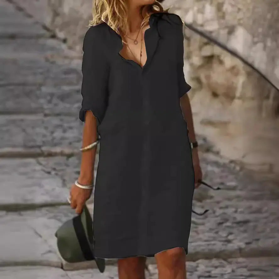 Loose Buttoned Cotton-Linen Shirt Dress