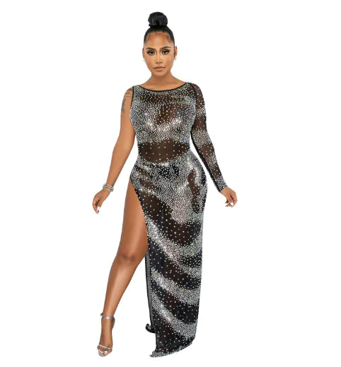 Fashion Nightclub Irregular Slit Maxi Dress with Sleeves