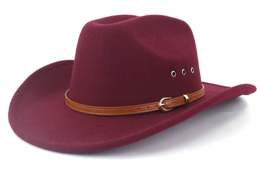 LIDHAY Cowboy Hat for Women and Men Felt Wide Brim Classic Outdoor Fedora Hats Western Cowboy Cowgirl Hats with Belt Buckle 3 Wine red