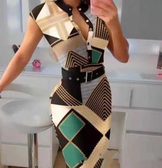 Fashion Button Women's Dress with Belt