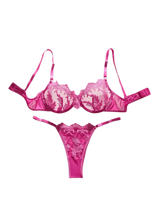 SOLY HUX Womens Embroidery Floral Mesh Sheer Underwire Lingerie Bra and Panty Set HotPink Floral Embroidery X-Large