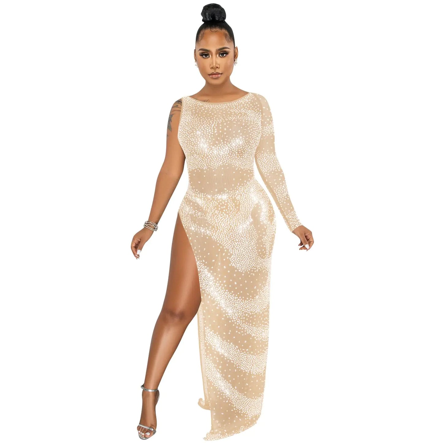 Fashion Nightclub Irregular Slit Maxi Dress with Sleeves