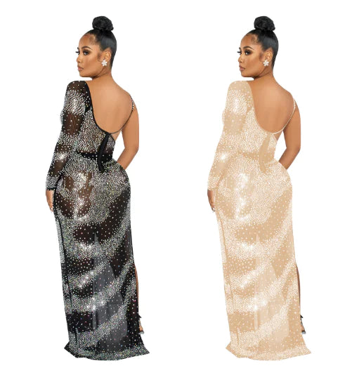 Fashion Nightclub Irregular Slit Maxi Dress with Sleeves