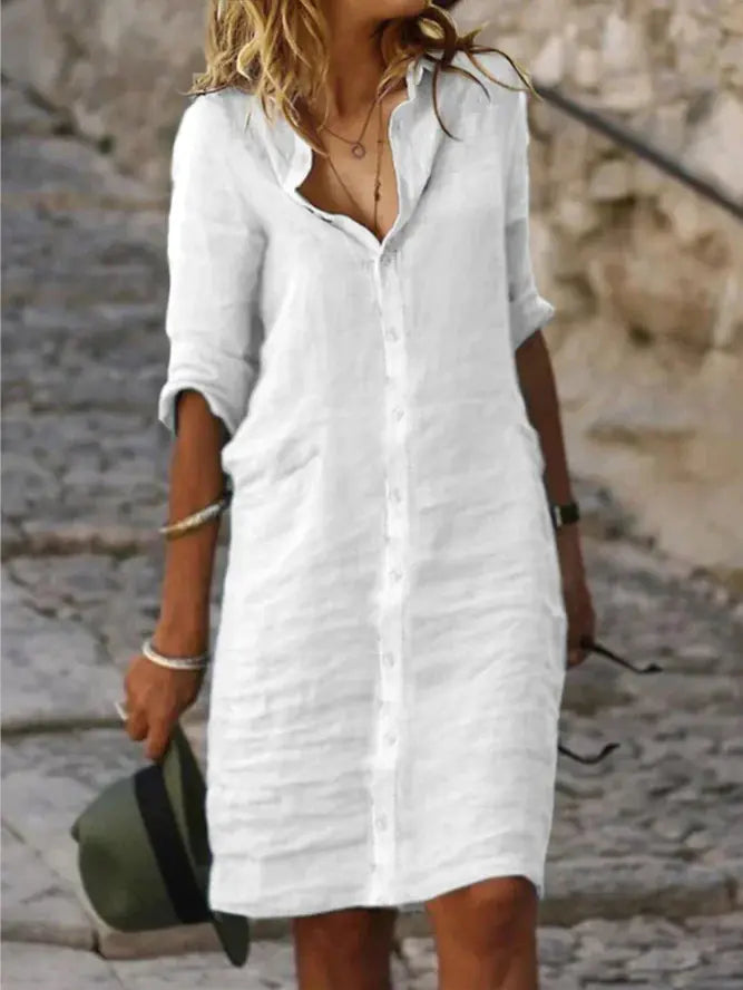 Loose Buttoned Cotton-Linen Shirt Dress