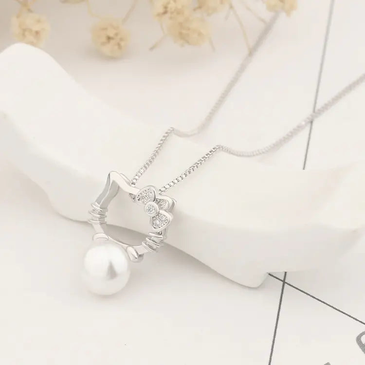 Silver-Plated Cat Necklace with Pearl and Rhinestones