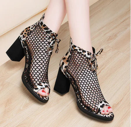 Mesh High Heels Women's Sandals with Back Zipper