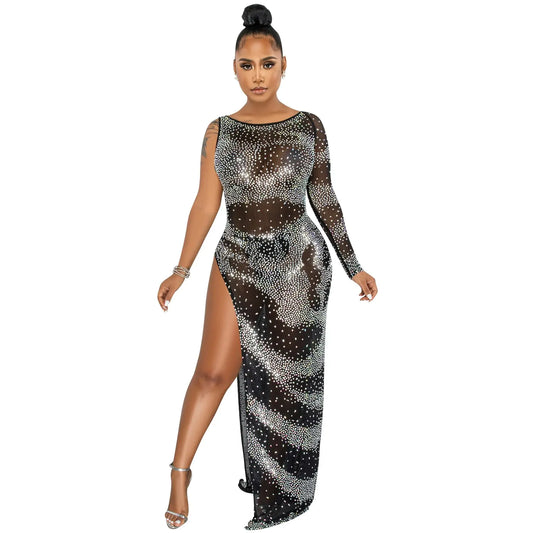 Fashion Nightclub Irregular Slit Maxi Dress with Sleeves