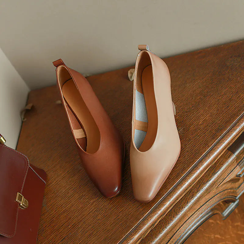 Leather Wood Grain Chunky Heel Retro Shoes for All Seasons