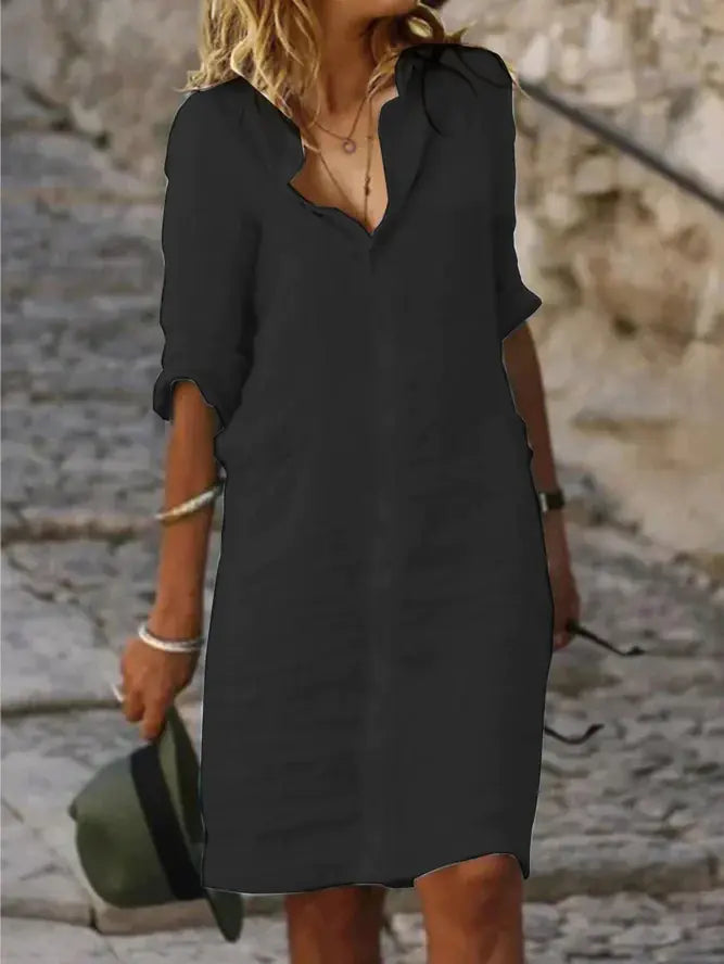 Loose Buttoned Cotton-Linen Shirt Dress