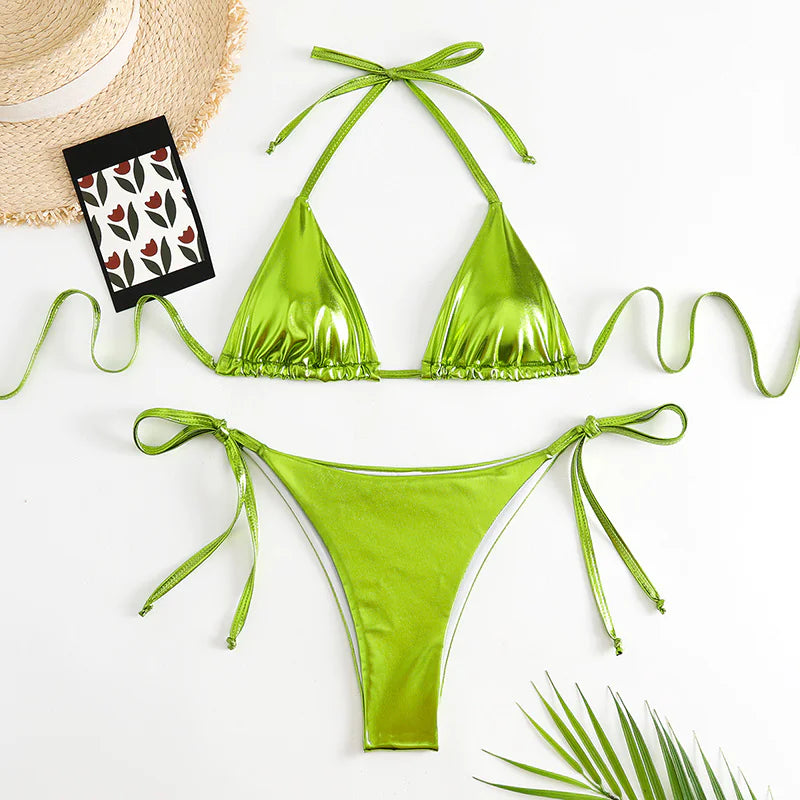Metallic Lace-Up Bikini Set
