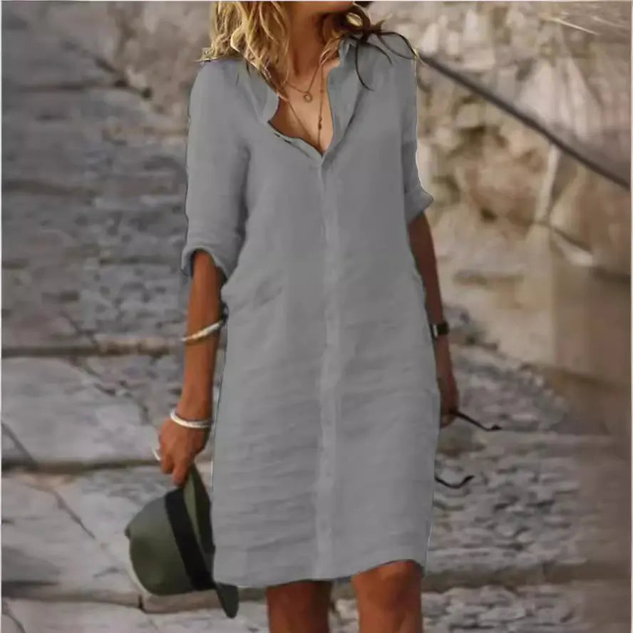 Loose Buttoned Cotton-Linen Shirt Dress