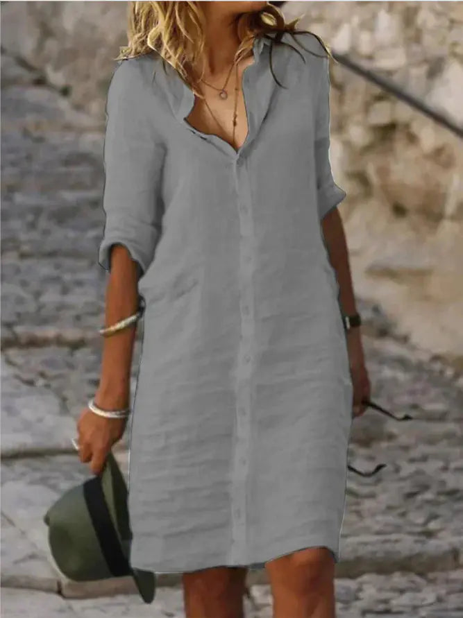 Loose Buttoned Cotton-Linen Shirt Dress