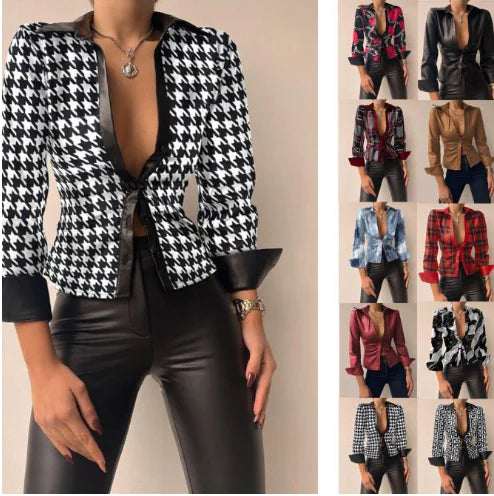 Leather Patchwork Blouse with Long Sleeves (One Piece)