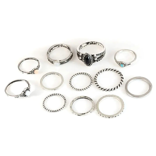 Retro Black Gemstone Inlaid Turquoise Joint Ring Set (12)
