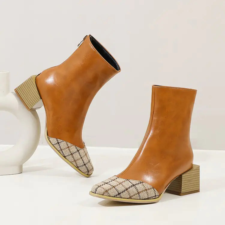 Plus Size Women's Pointed Leather Short Boots with Heels