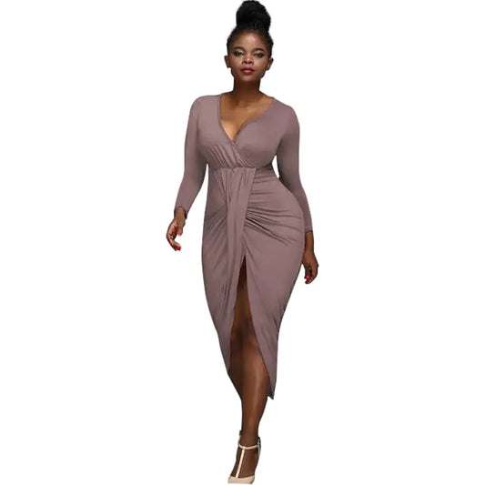 Irregular Long-Sleeved V-Neck Dress